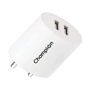 "Champion 10.5W 2.1A Multiport Mobile Charger in white, designed for fast charging of smartphones with multiple ports for simultaneous device charging." "Champion 10.5W 2.1A Multiport Mobile Charger in white, designed for fast charging of smartphones with multiple ports for simultaneous device charging."