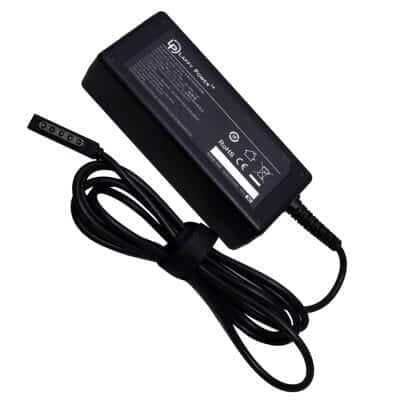 "Black laptop adapter with a power brick and attached cable, featuring a standard plug and connector for charging laptops efficiently."