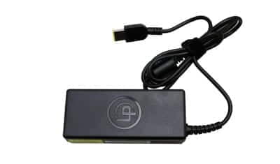 "Black laptop adapter with a power brick and attached cable, featuring a standard plug and connector for charging laptops efficiently."