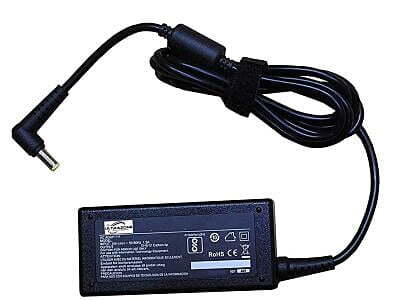 "A black Acer laptop adapter with a power cord, featuring a standard barrel connector and labeled voltage and wattage specifications."  "A black Acer laptop adapter with a power cord, featuring a standard barrel connector and labeled voltage and wattage specifications."
