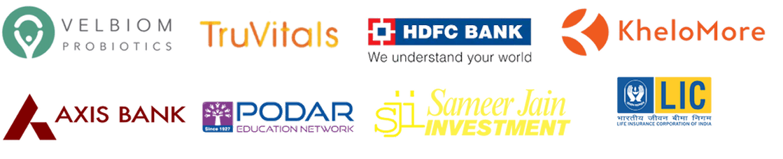 Velbiom Probiotics, TruVitals, HDFC Bank, Axis Bank, LIC, Podar Education Network, KheloMore, and Sameer Jain Investment. Velbiom Probiotics, TruVitals, HDFC Bank, Axis Bank, LIC, Podar Education Network, KheloMore, and Sameer Jain Investment.