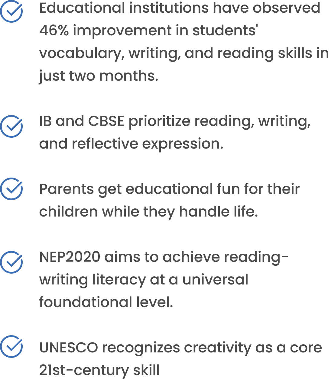 Infographic showing 46% improvement in students’ reading, writing, and creativity through IB, CBSE, NEP2020, and UNESCO initiatives