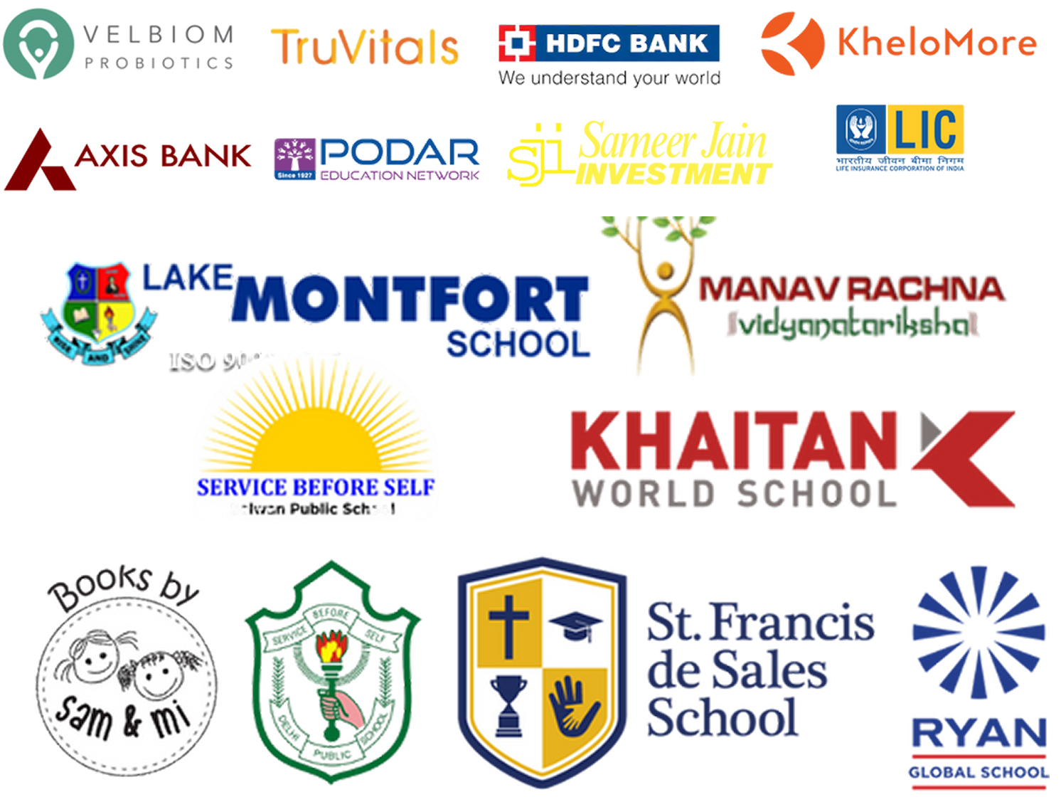Velbiom Probiotics, TruVitals, HDFC Bank, Axis Bank, LIC, Podar Education Network, KheloMore, and Sameer Jain Investment. Velbiom Probiotics, TruVitals, HDFC Bank, Axis Bank, LIC, Podar Education Network, KheloMore, and Sameer Jain Investment.