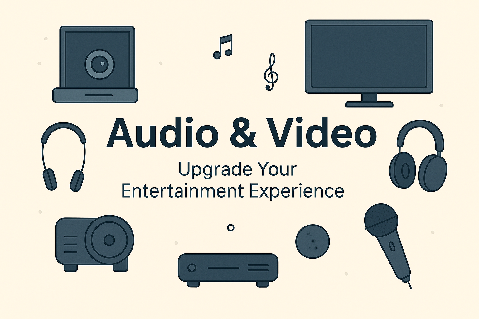Audio and video equipment including headphones, speakers, and a video camera. Audio and video equipment including headphones, speakers, and a video camera.