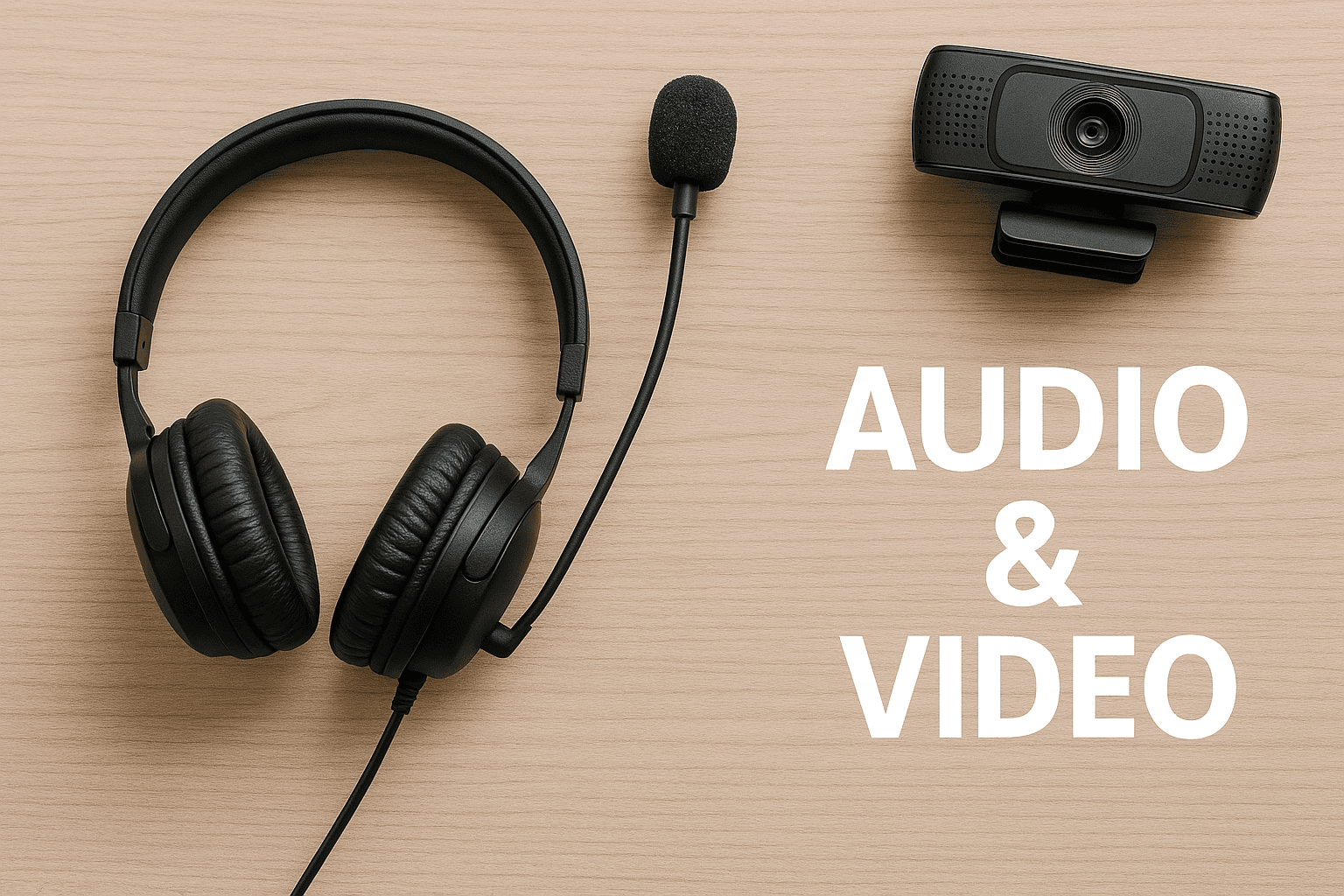"High-quality audio and video devices, including sleek black headphones and an HD webcam, set against a light wooden background with 'AUDIO & VIDEO' text displayed prominently." "High-quality audio and video devices, including sleek black headphones and an HD webcam, set against a light wooden background with 'AUDIO & VIDEO' text displayed prominently."