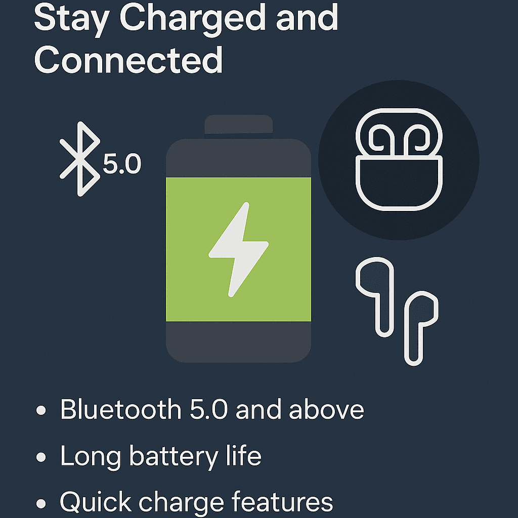 “Icons of battery, Bluetooth, and earbuds showing wireless audio connectivity and charging.” “Icons of battery, Bluetooth, and earbuds showing wireless audio connectivity and charging.”
