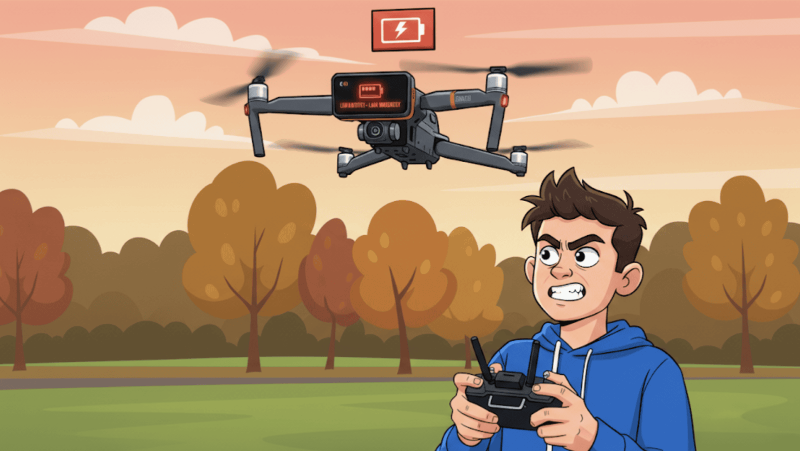 Animated illustration of a boy flying a drone with low battery and looking angry at short flight time Animated illustration of a boy flying a drone with low battery and looking angry at short flight time