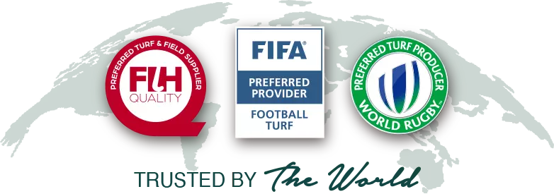Trusted by the world showing FIFA Preferred Provider, FIH Quality, and World Rugby Preferred Turf Producer certification logos on a global map background