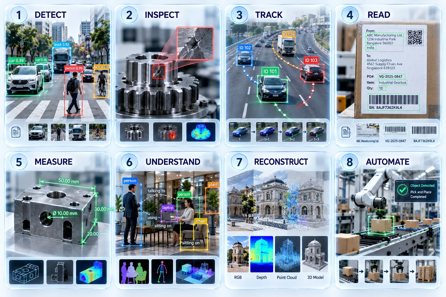 Detect Find objects, people, products, defects, vehicles or events.  Inspect Identify defects, anomalies, quality issues and process deviations.  Track Follow objects, people, vehicles or assets across space and time.  Read Extract information from documents, labels, screens, signs and physical objects.  Measure Calculate dimensions, distances, areas, counts, positions and movement.  Understand Interpret scenes, activities, behaviour, relationships and visual context.  Reconstruct Transform images, depth or point clouds into spatial and 3D representations.  Automate Turn visual understanding into decisions, alerts and physical or digital actions.