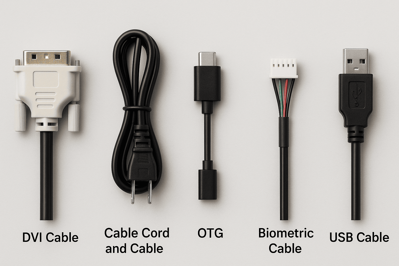 Various types of cables and connectors including DVI, USB, OTG, biometric, and power cord.