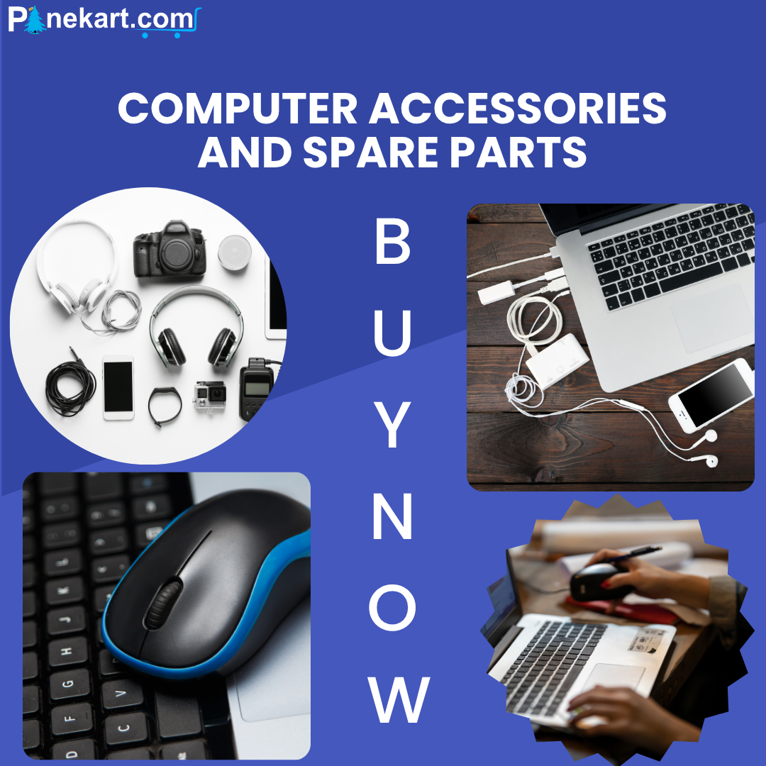 Assorted computer accessories and spare parts including keyboard, mouse, SSD, RAM, and cables arranged on a workspace Assorted computer accessories and spare parts including keyboard, mouse, SSD, RAM, and cables arranged on a workspace