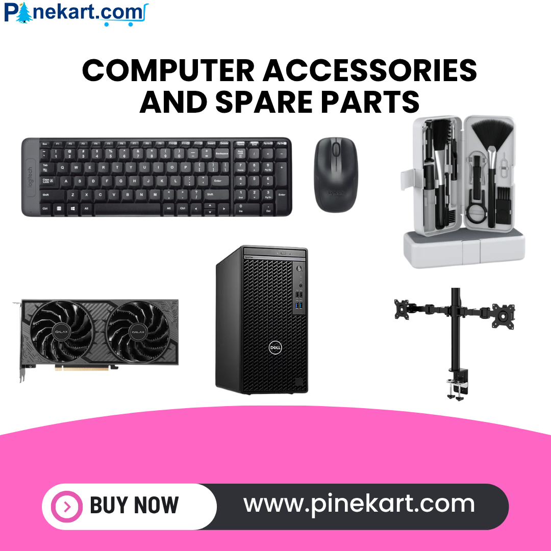 Various computer accessories and spare parts including keyboard, mouse, RAM, hard drive, cables, and monitor placed on a desk