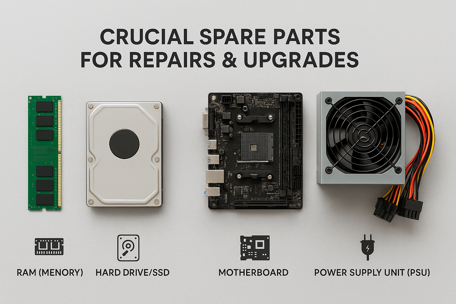 Crucial computer spare parts: RAM, SSD, motherboard, PSU