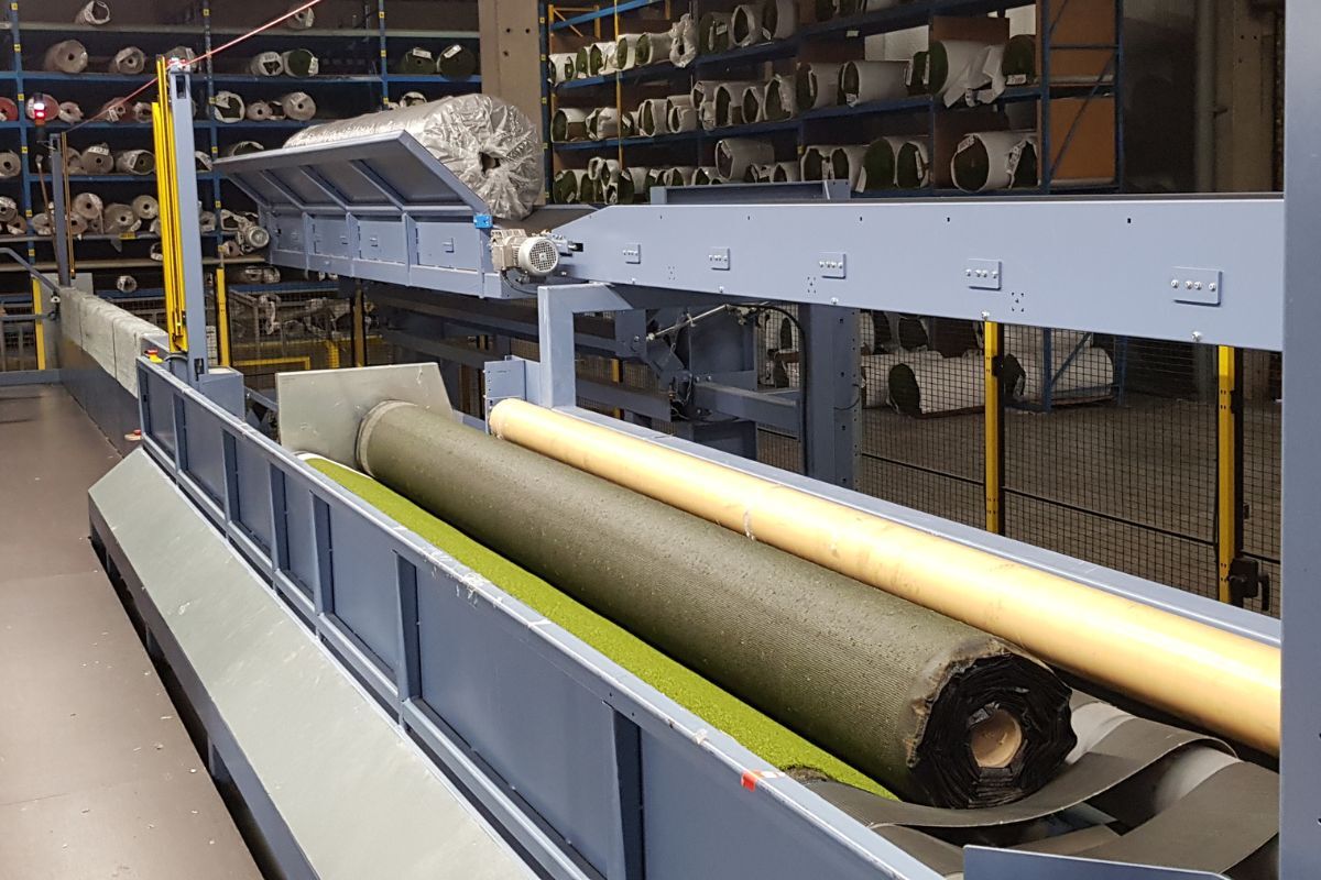 Artificial turf production line rolling finished synthetic grass carpets for quality-controlled sports turf and landscaping grass applications