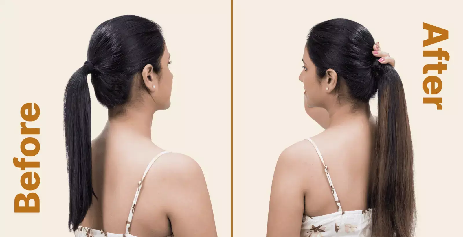 Before and after hair transformation using GoldTips human hair extensions