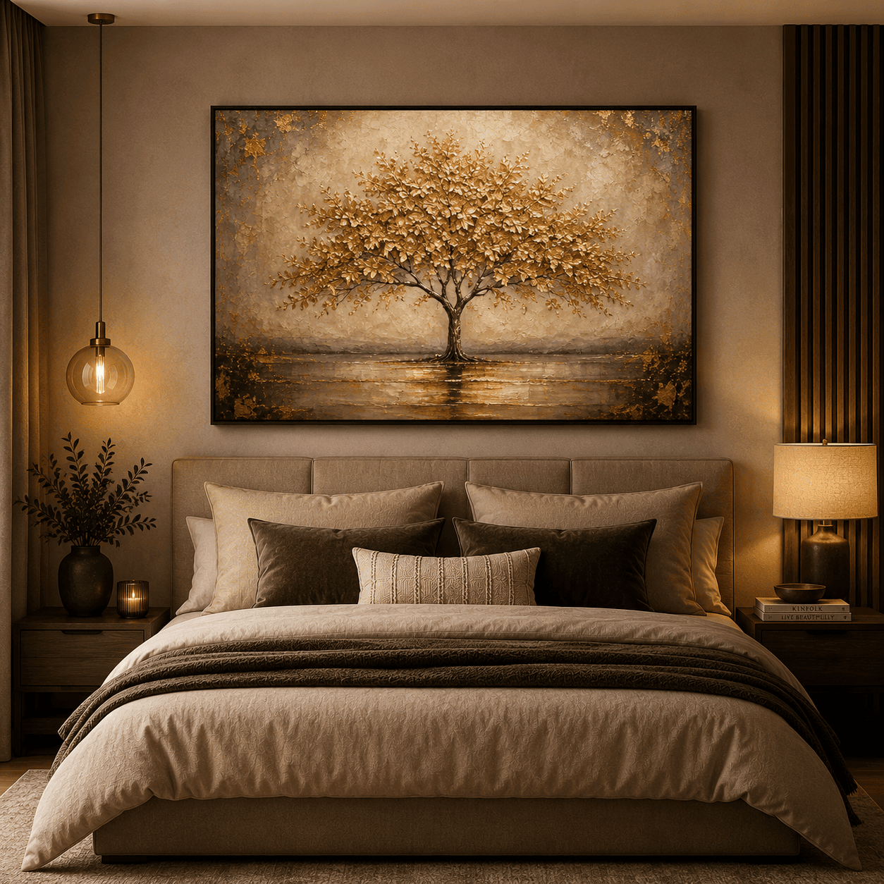 Modern bedroom with golden tree canvas wall art above bed in warm luxury interior Modern bedroom with golden tree canvas wall art above bed in warm luxury interior