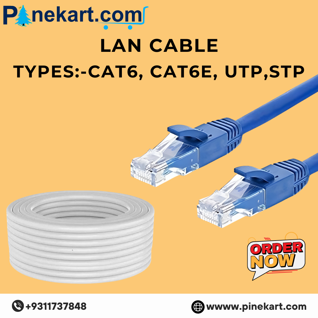 Various LAN cable types including Cat6, Cat6e, UTP, and STP, shown with labeled connectors and shielding differences for network setup comparison.