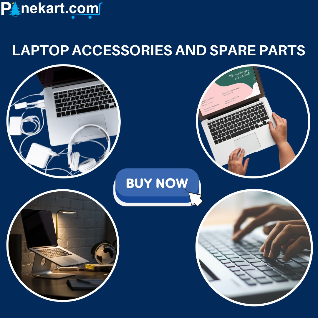 Essential laptop accessories and replacement parts arranged on a desk, featuring adapter, SSD, external keyboard, and cooling stand for device upgrade and maintenance. Essential laptop accessories and replacement parts arranged on a desk, featuring adapter, SSD, external keyboard, and cooling stand for device upgrade and maintenance.