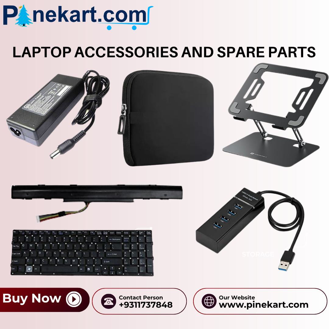 Assorted laptop accessories and spare parts including charger, cooling pad, keyboard, mouse, and battery for enhanced performance and repair needs. Assorted laptop accessories and spare parts including charger, cooling pad, keyboard, mouse, and battery for enhanced performance and repair needs.