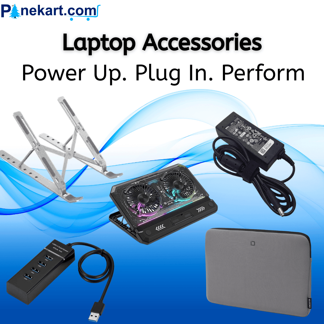 Laptop accessories including mouse, keyboard, hub, and headphones on a desk.