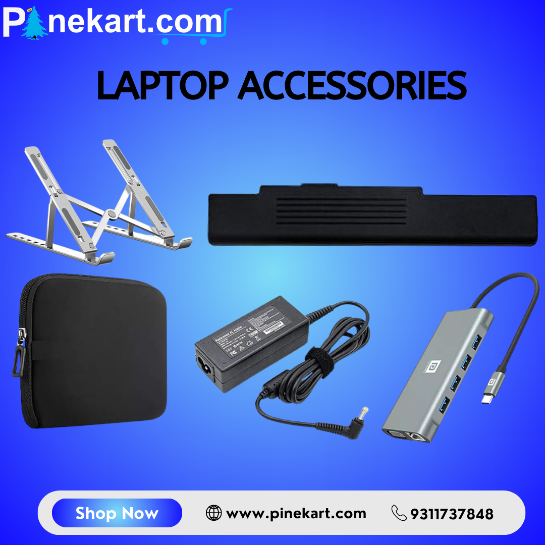 Top view of various laptop accessories including a cooling pad, wireless mouse, external keyboard, USB hub, and laptop stand arranged on a wooden desk. Top view of various laptop accessories including a cooling pad, wireless mouse, external keyboard, USB hub, and laptop stand arranged on a wooden desk.