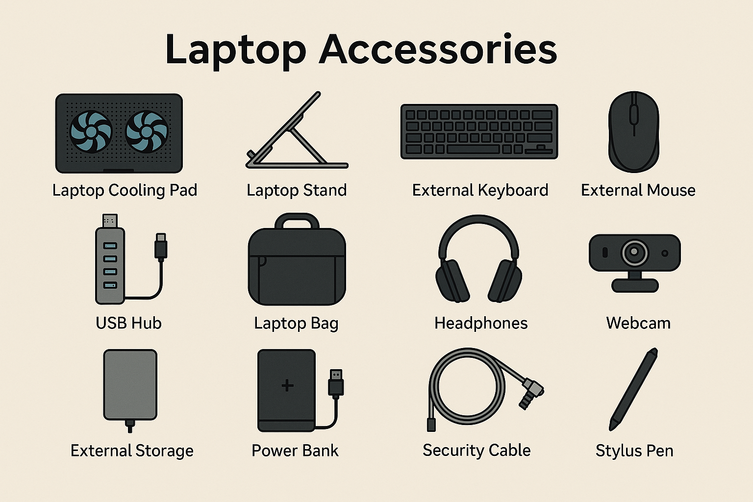  Flat lay of essential laptop accessories including a wireless mouse, cooling pad, laptop stand, external hard drive, and USB hub arranged neatly on a desk.