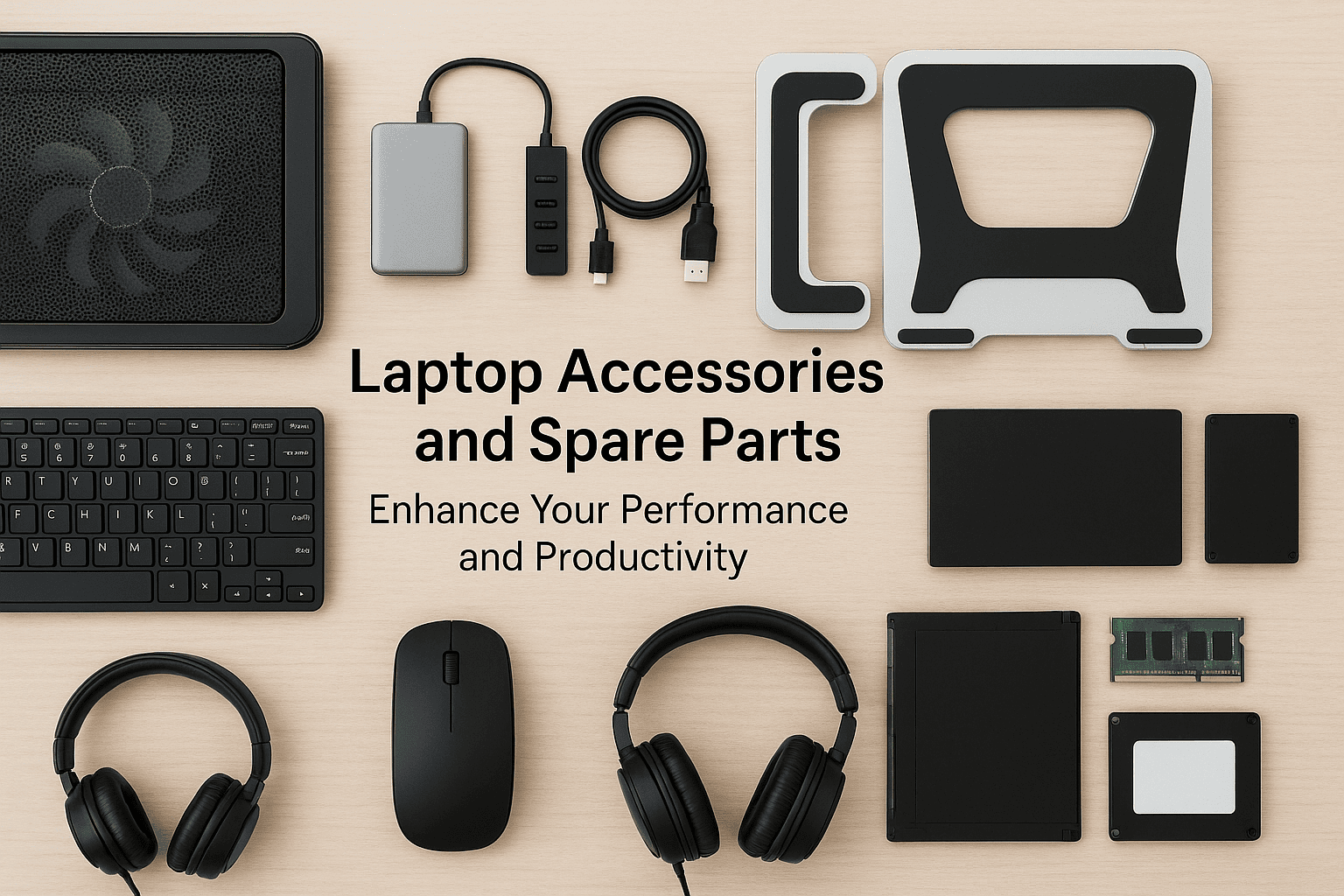 Assorted laptop accessories including cooling pad, external hard drive, USB hub, stand, keyboard, mouse, and headphones arranged on a desk for enhanced productivity
