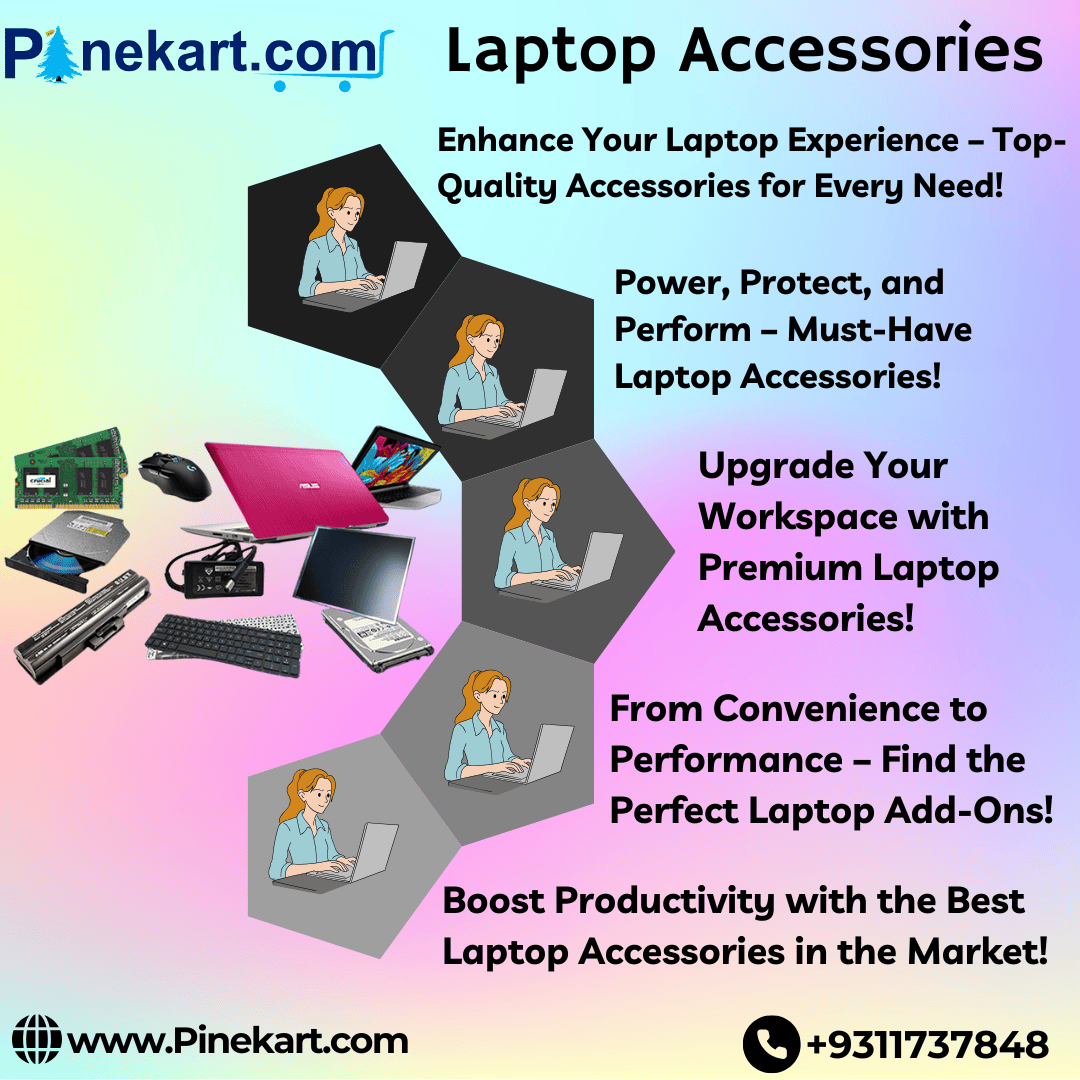 "Various laptop accessories, including a wireless mouse, external keyboard, cooling pad, USB hub, and laptop stand, neatly arranged on a desk for enhanced productivity and convenience."
