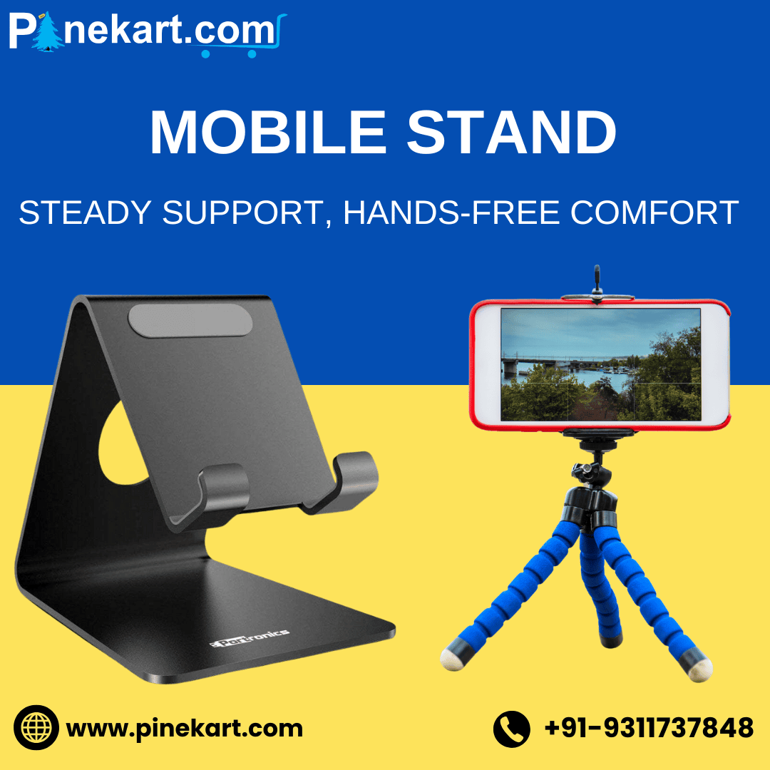 Sleek silver mobile stand with smartphone next to laptop