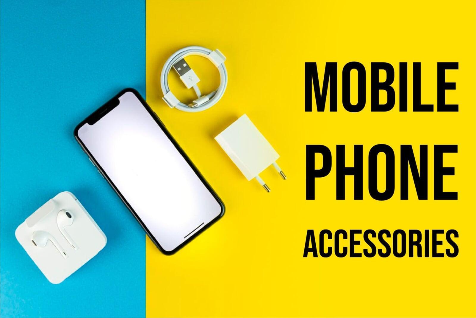 "Collection of modern mobile accessories including phone case, earbuds, charger, and ring holder." "Collection of modern mobile accessories including phone case, earbuds, charger, and ring holder."