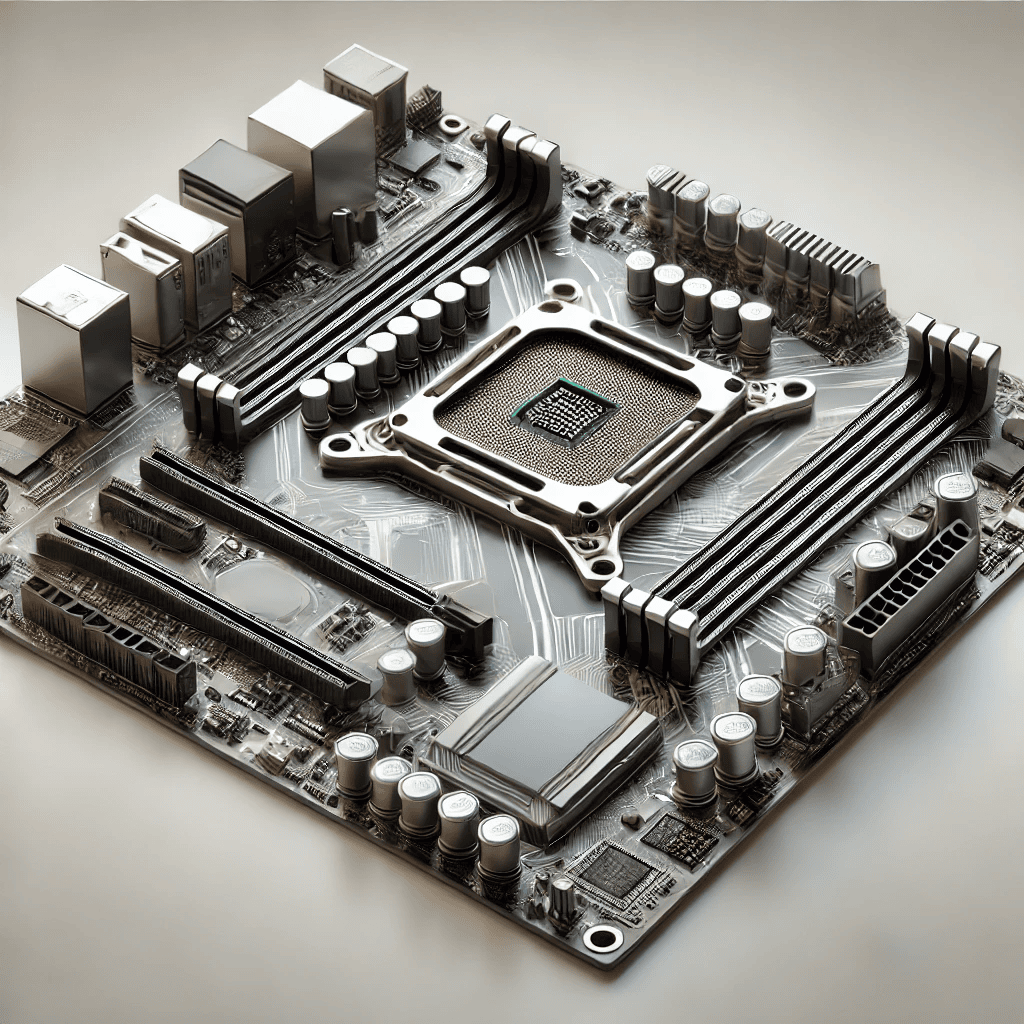 "High-tech computer motherboard with circuits, capacitors, and processor slots, showcasing intricate electronic components."