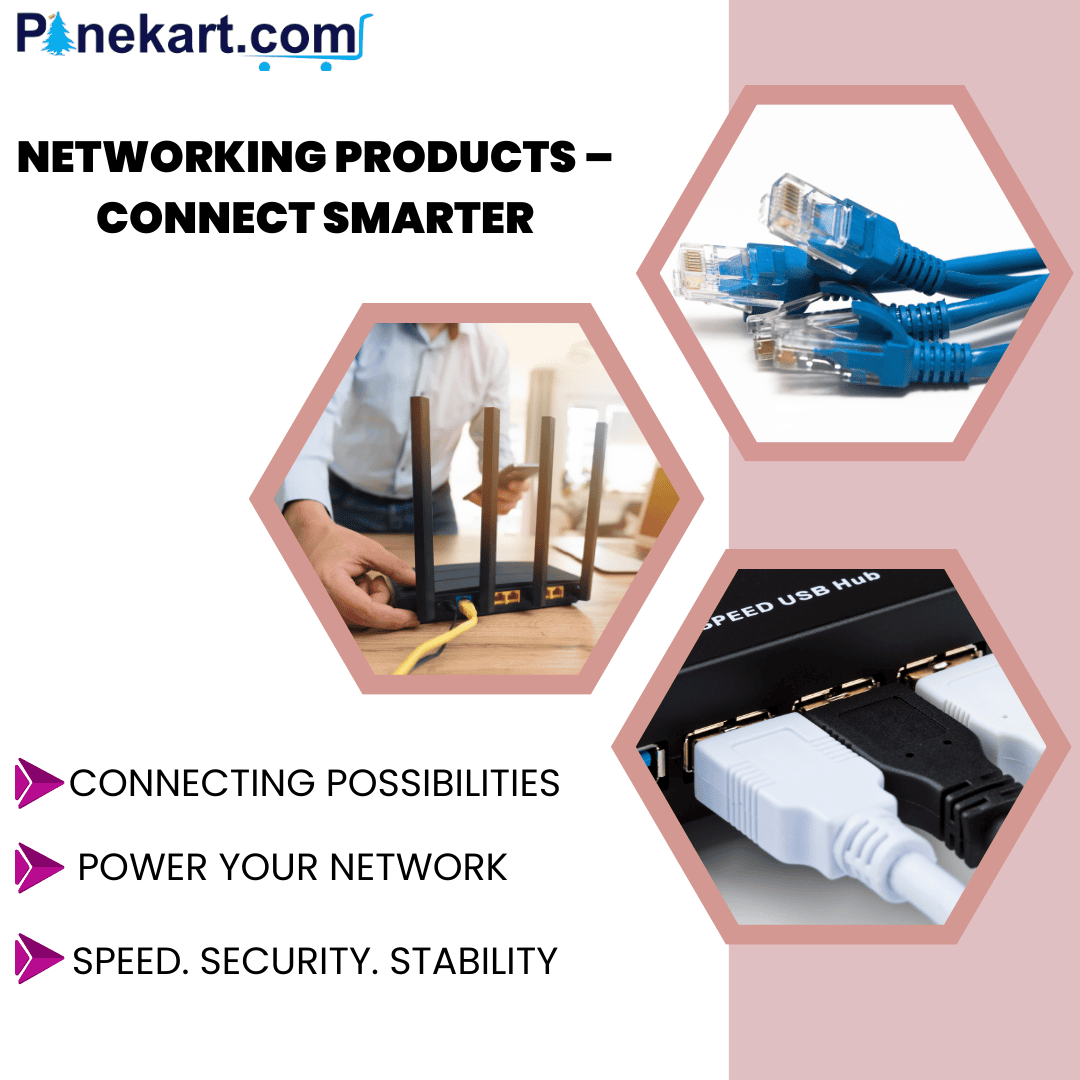 "Networking hardware devices for internet connectivity and security, including router, network switch, cable, and firewall."