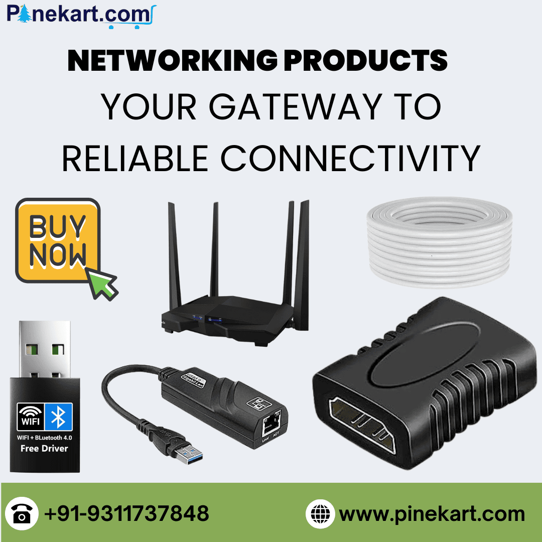 Collection of essential networking products such as router, switch, access point, Ethernet cable, and firewall for secure and reliable connectivity.