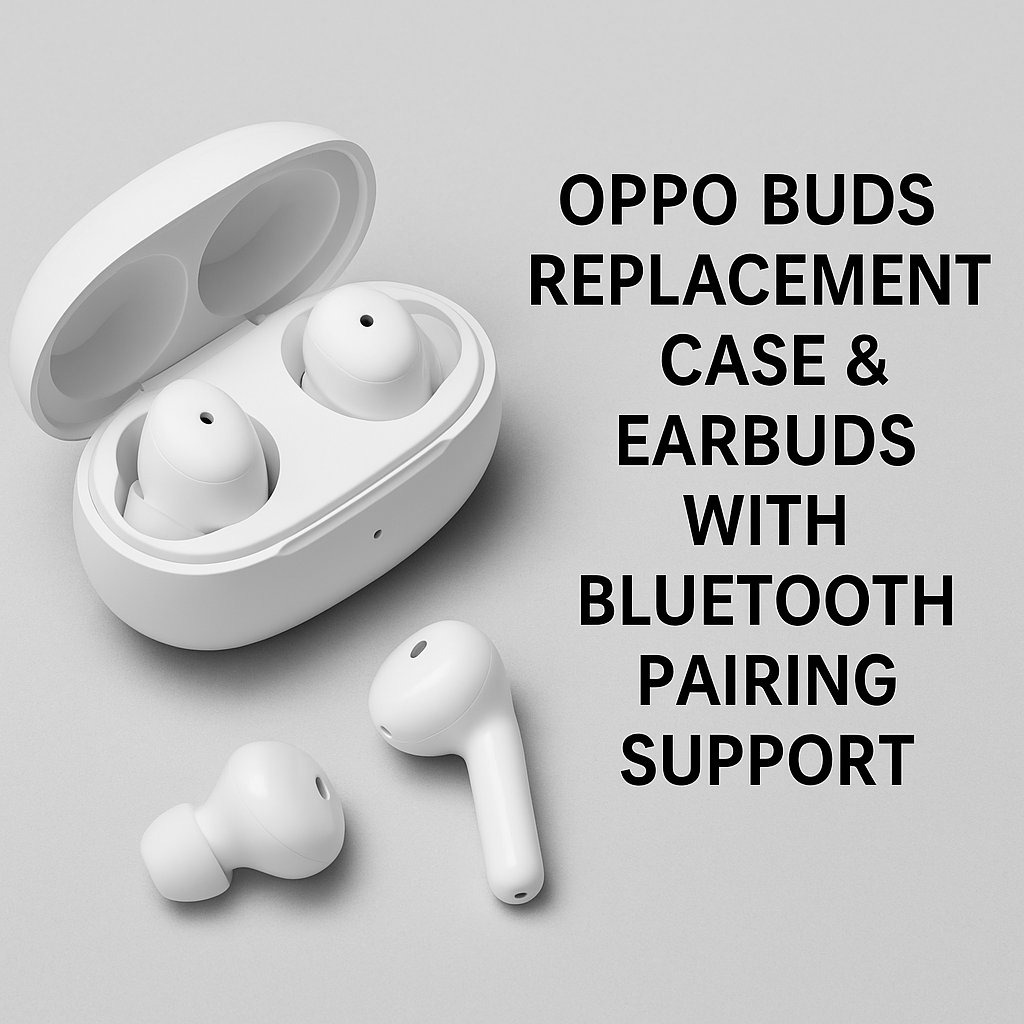 Oppo Buds replacement set featuring left and right earbuds, a charging case, and Bluetooth connectivity, placed beside a smartphone for pairing demonstration. Oppo Buds replacement set featuring left and right earbuds, a charging case, and Bluetooth connectivity, placed beside a smartphone for pairing demonstration.