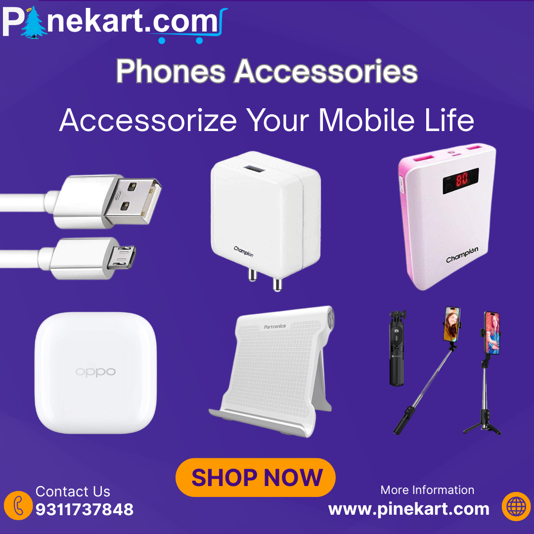 "Essential phone accessories including charger, power bank, earphones, phone case, and screen protector arranged neatly on a table." "Essential phone accessories including charger, power bank, earphones, phone case, and screen protector arranged neatly on a table."