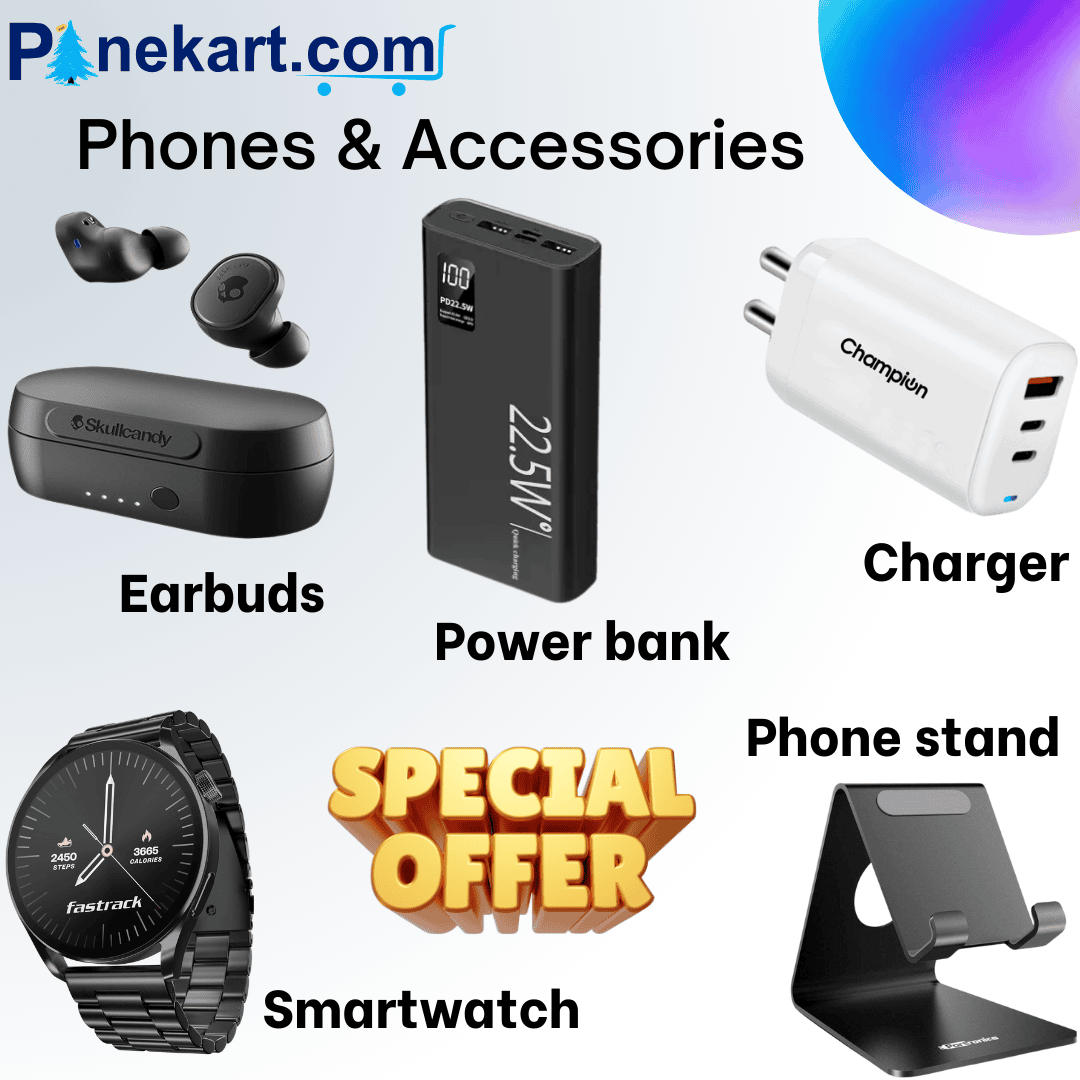 "Flat lay of essential phone accessories including a wireless charger, power bank, mobile stand, protective cases, screen guards, Bluetooth earbuds, headphones, and a smartwatch on a modern desk." "Flat lay of essential phone accessories including a wireless charger, power bank, mobile stand, protective cases, screen guards, Bluetooth earbuds, headphones, and a smartwatch on a modern desk."