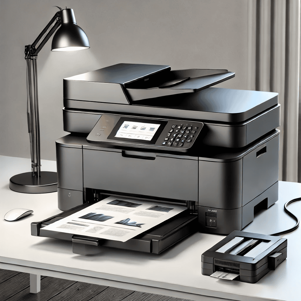 "Modern printer and scanner setup with an attractive color scheme, including a connected printer cable and a separate printer cartridge, placed in a clean and organized workspace." "Modern printer and scanner setup with an attractive color scheme, including a connected printer cable and a separate printer cartridge, placed in a clean and organized workspace."