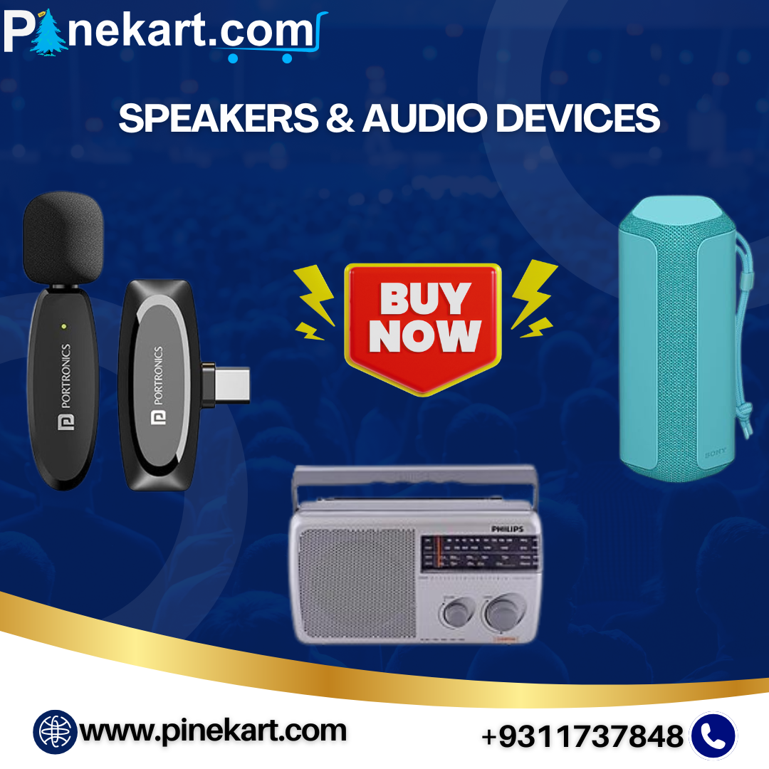 Speakers and audio devices including Bluetooth speaker, mic, radio, and headphones on a desk.