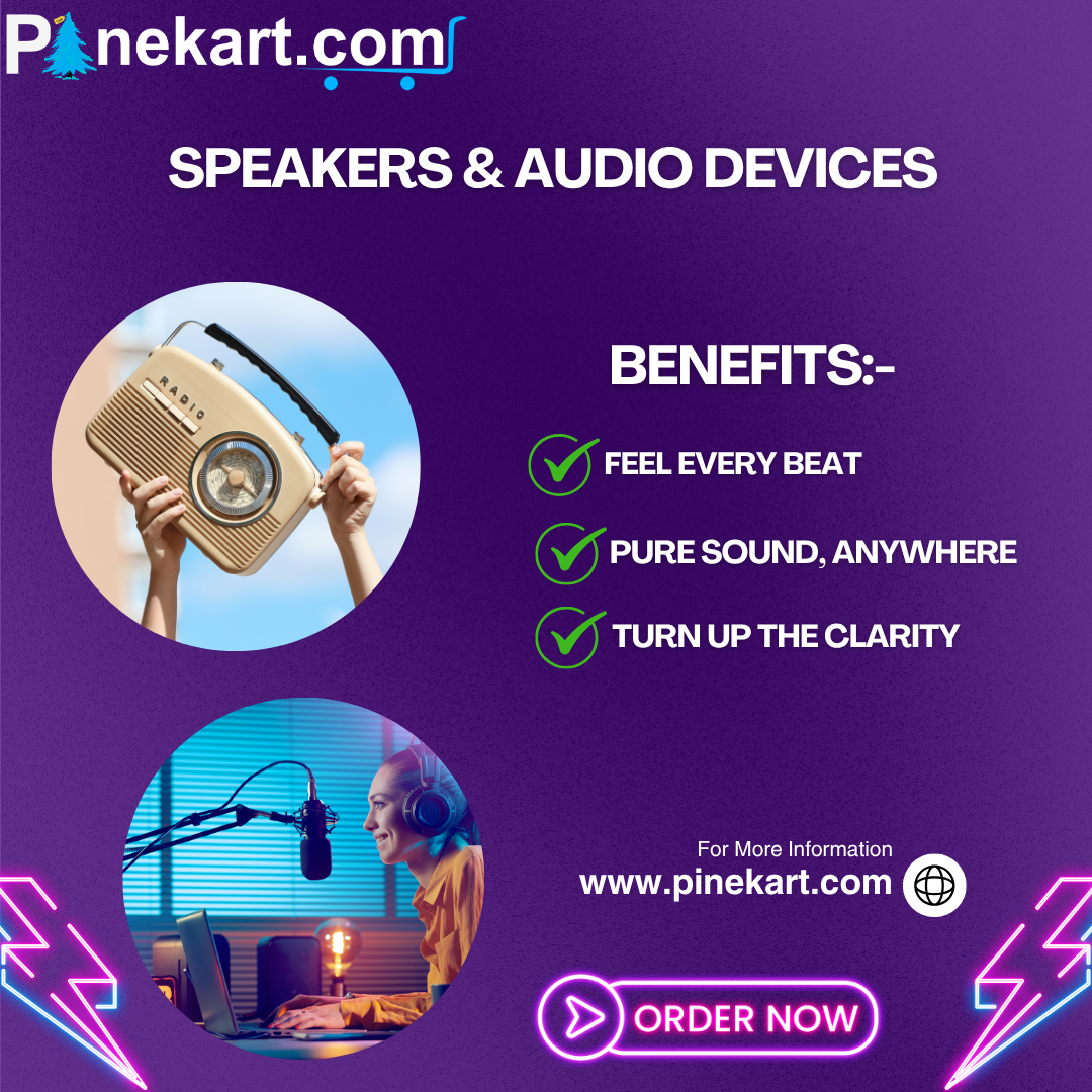 Collection of speakers and audio devices like Bluetooth speaker, microphone, radio, and headphones.