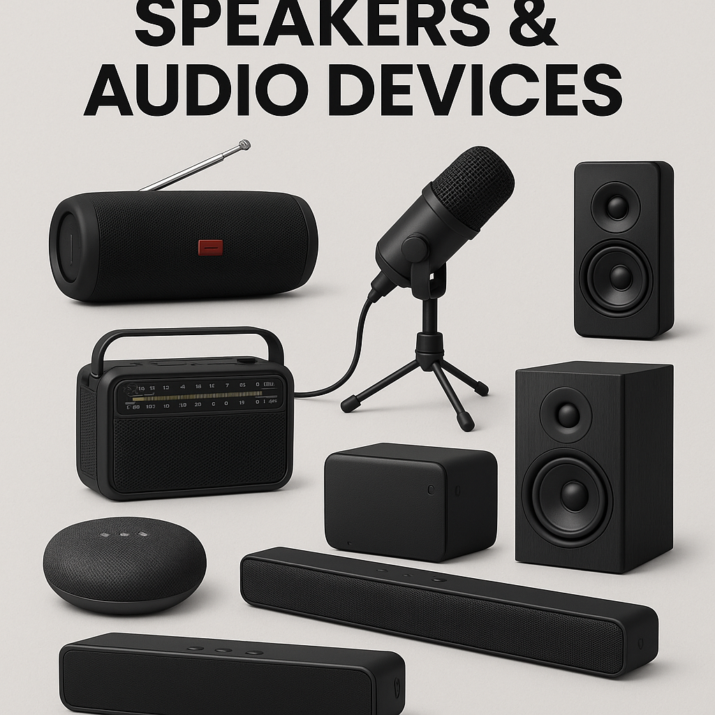 Various speakers and audio devices including Bluetooth speaker, microphone, radio, and headphones arranged neatly.