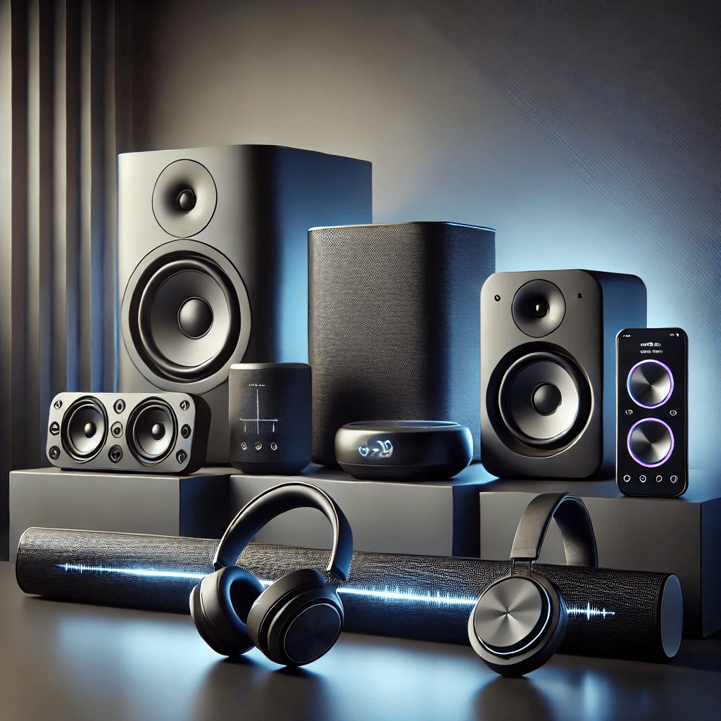 "Modern and stylish speakers and audio devices, including wireless Bluetooth speakers, smart home speakers, high-fidelity soundbars, and noise-canceling headphones, displayed on a sleek surface with soft ambient lighting." "Modern and stylish speakers and audio devices, including wireless Bluetooth speakers, smart home speakers, high-fidelity soundbars, and noise-canceling headphones, displayed on a sleek surface with soft ambient lighting."