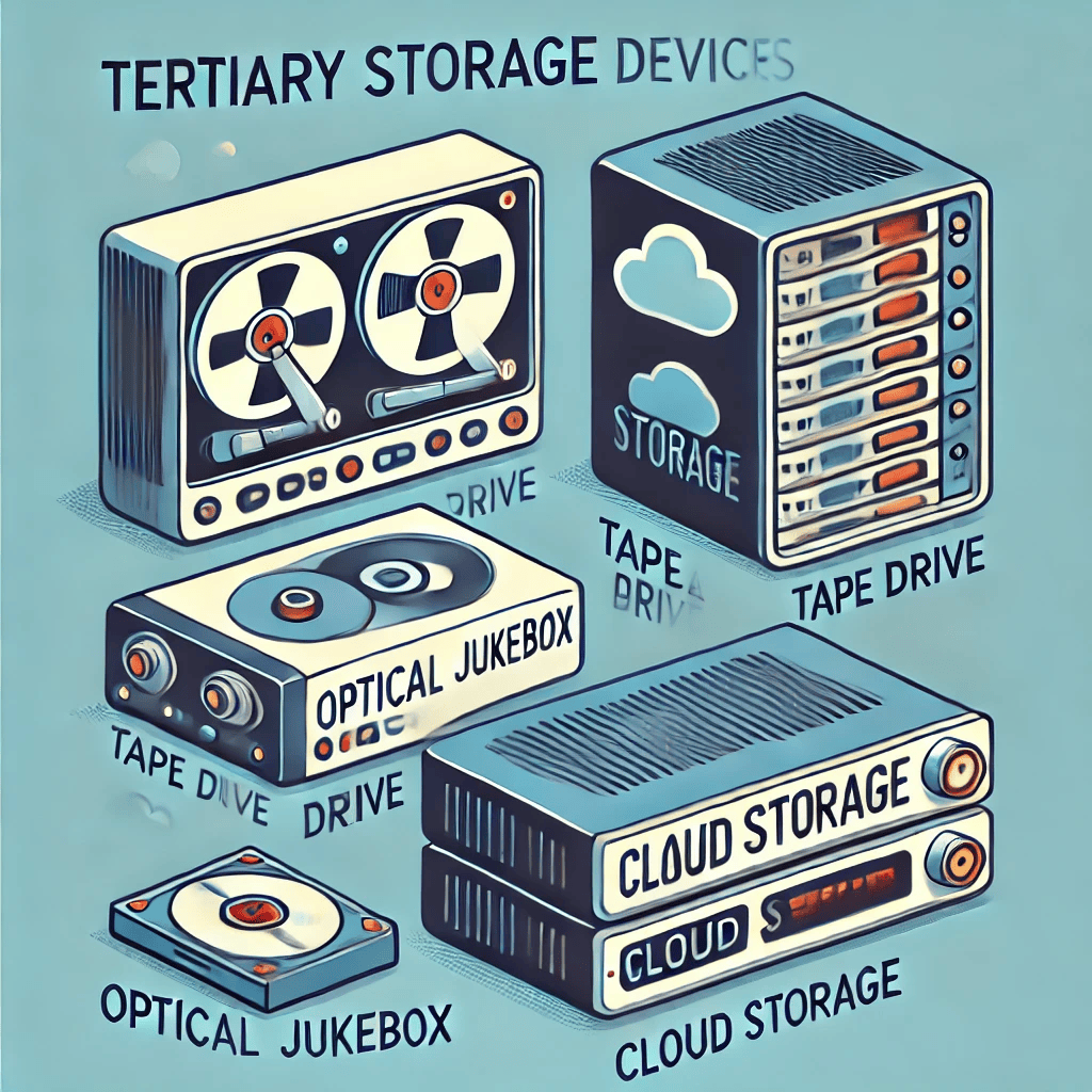 "Illustration of tertiary storage devices, including a tape drive, optical jukebox, and cloud storage server racks." "Illustration of tertiary storage devices, including a tape drive, optical jukebox, and cloud storage server racks."