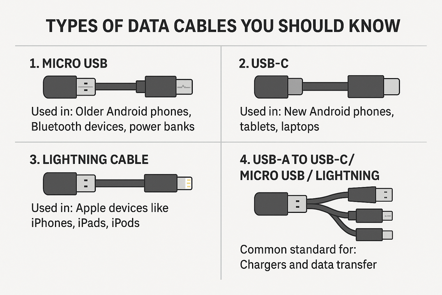 "Image showing various types of data cables including USB-C, Micro USB, and Lightning." "Image showing various types of data cables including USB-C, Micro USB, and Lightning."