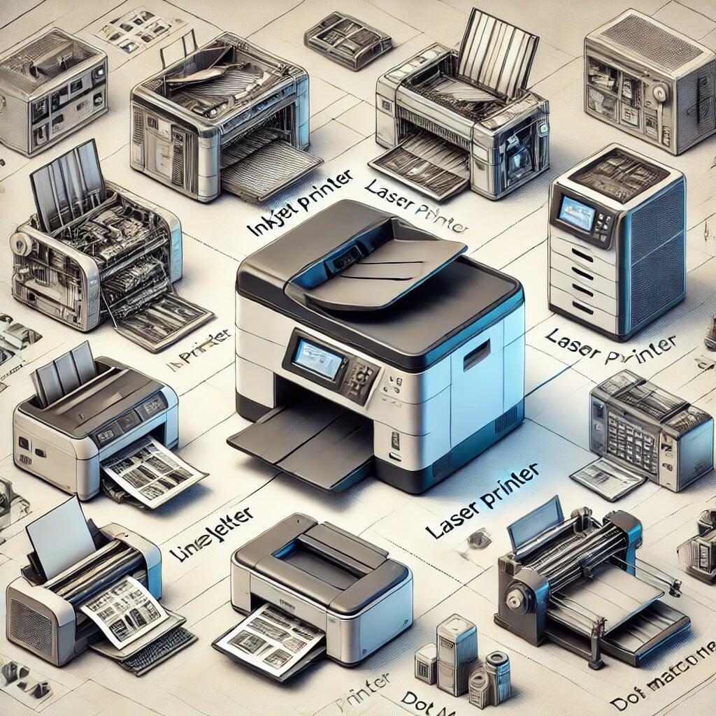 "Illustration of different types of printers, including an inkjet printer, laser printer, dot matrix printer, and 3D printer, arranged in a well-lit professional workspace." "Illustration of different types of printers, including an inkjet printer, laser printer, dot matrix printer, and 3D printer, arranged in a well-lit professional workspace."