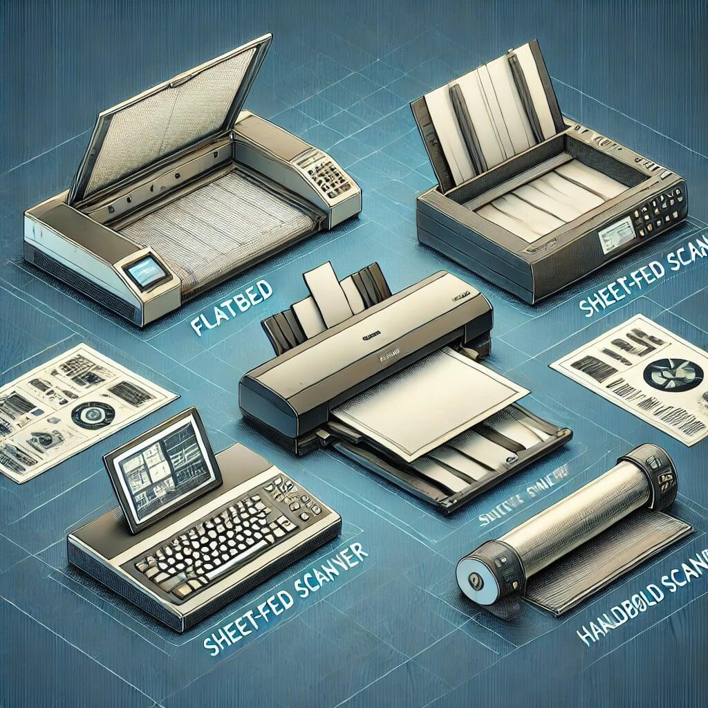 "Illustration of different types of scanners, including a flatbed scanner, sheet-fed scanner, handheld scanner, and drum scanner, arranged in a well-lit professional workspace." "Illustration of different types of scanners, including a flatbed scanner, sheet-fed scanner, handheld scanner, and drum scanner, arranged in a well-lit professional workspace."