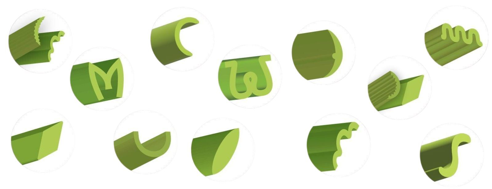 Decofield engineered artificial turf blade profiles showing varied shapes for strength, resilience, ball control, stability, and long-term performance