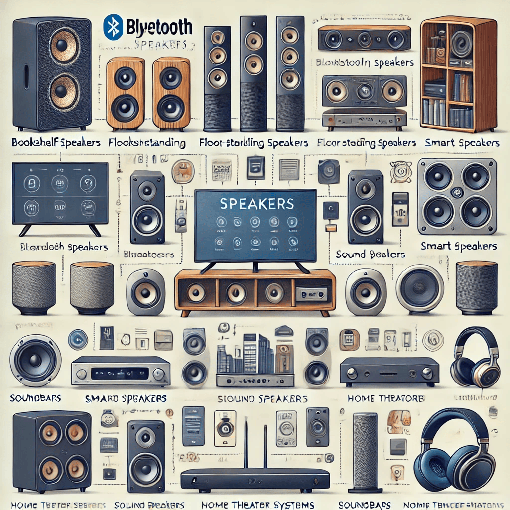 An informative display of various types of speakers and audio devices, including bookshelf speakers, floor-standing speakers, Bluetooth speakers, smart speakers, soundbars, home theater systems, and noise-canceling headphones, arranged neatly in a modern setting with labels highlighting their unique features." An informative display of various types of speakers and audio devices, including bookshelf speakers, floor-standing speakers, Bluetooth speakers, smart speakers, soundbars, home theater systems, and noise-canceling headphones, arranged neatly in a modern setting with labels highlighting their unique features."