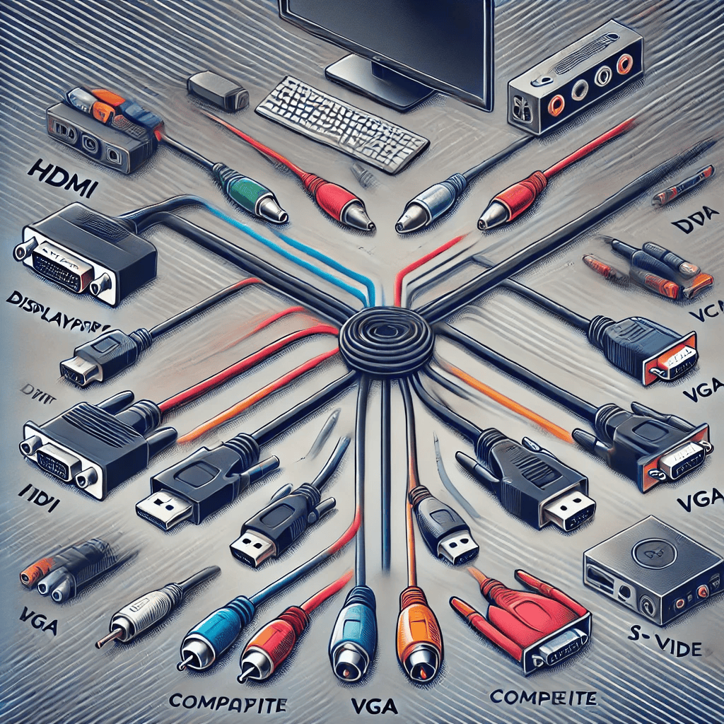 "Various types of video cables, including HDMI, DisplayPort, DVI, VGA, RCA, and S-Video, labeled with their common uses."