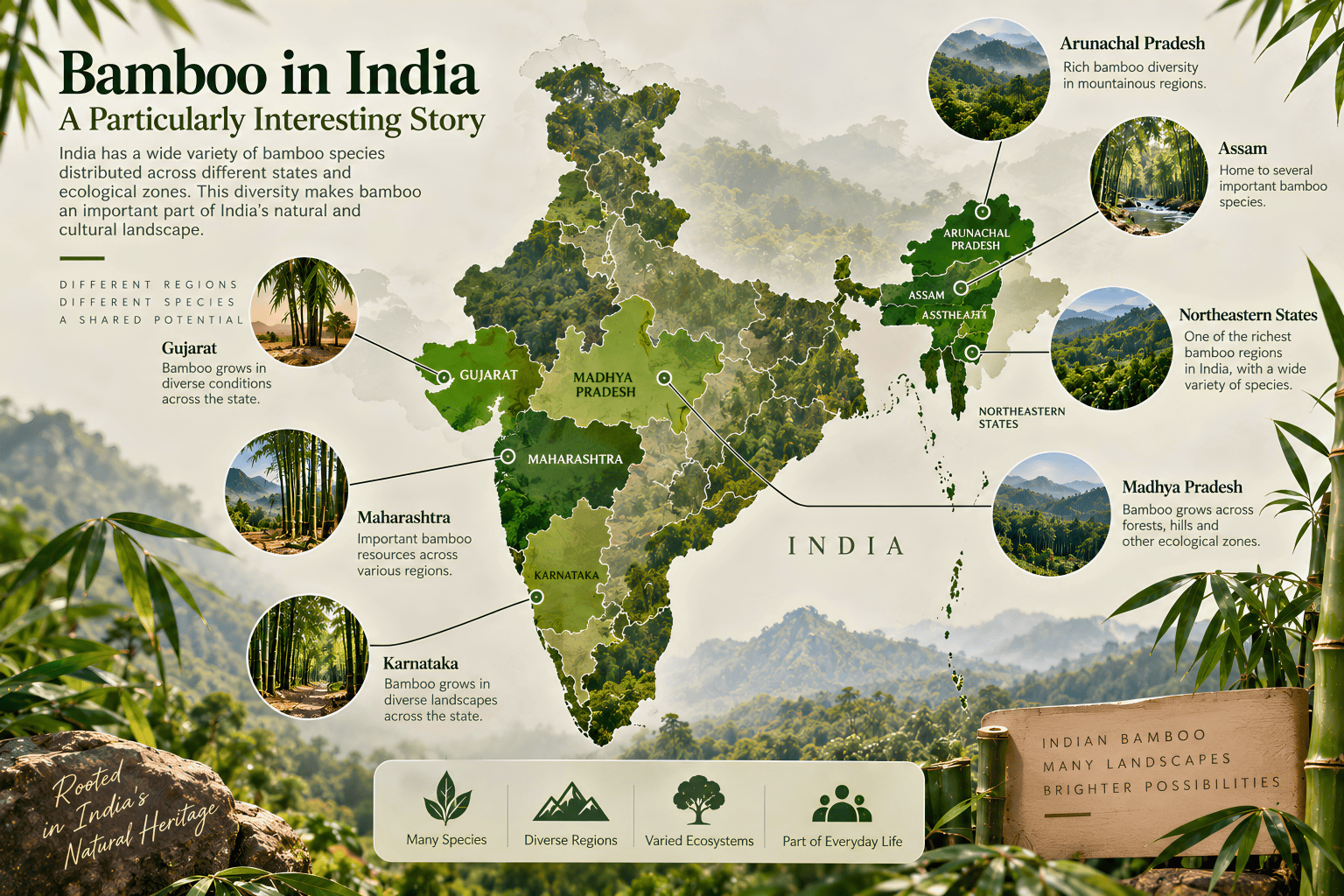 Map of India highlighting major bamboo-growing regions, including Arunachal Pradesh, Assam, Gujarat, Maharashtra, Karnataka, Madhya Pradesh, and northeastern states