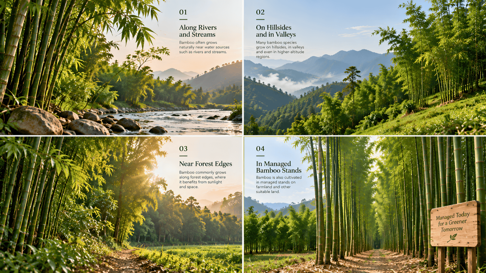 Four scenes showing where bamboo grows: along rivers and streams, on hillsides and in valleys, near forest edges, and in managed bamboo stands Four scenes showing where bamboo grows: along rivers and streams, on hillsides and in valleys, near forest edges, and in managed bamboo stands